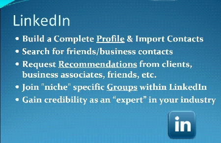 LinkedIn profile and import contacts, search for business contacts, recommendations, groups, expert