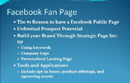 Facebook Fan Page: FaceBook public page, personalized landing page, company logo, opt-in boxes, product offerings, upcoming events